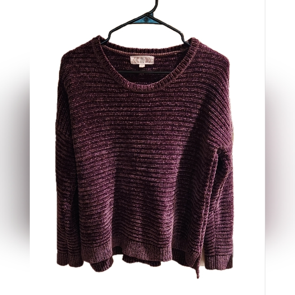 Juniors Pink Rose Knit Sweater- Purple- Large
